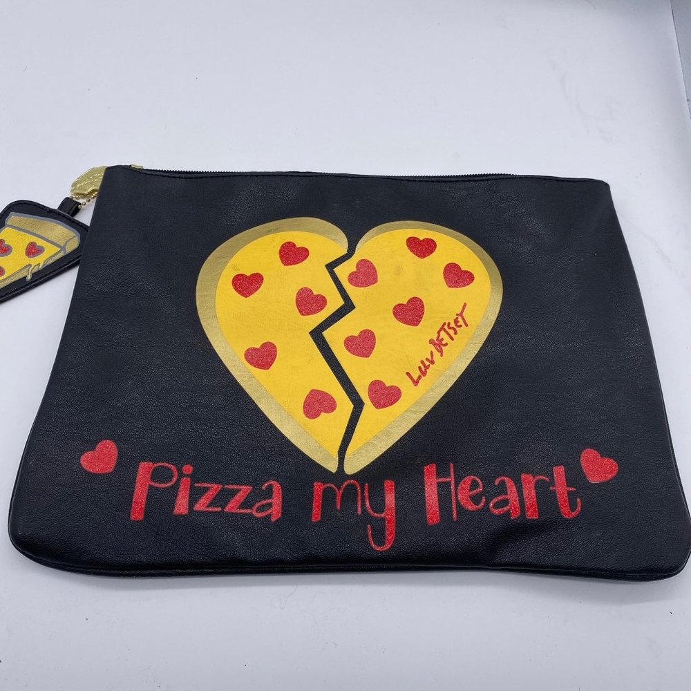 Betsey Johnson Signed Leather Pouch Zippered 12x8 inches Heart Pizza